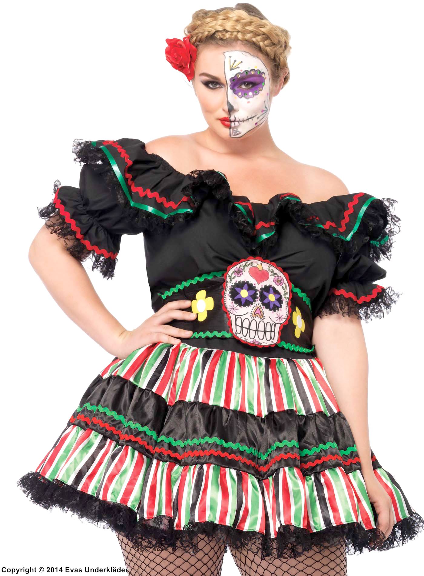 Day of the Dead (woman), costume dress, lace trim, ruffles, off shoulder, sugar skull (Calavera), vertical stripes, M to 4XL